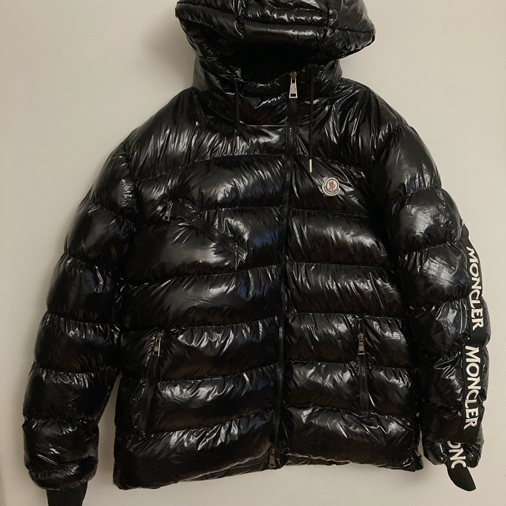 Used Moncler men’s small black asymmetrical zipper on left side shiny jacket